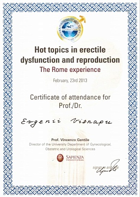 Сертификат участника конференции по эректильной дисфункции, Италия, 2013г.
