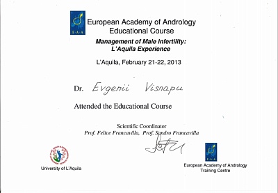 Сертификат участника тренинга Европейской академии по андрлологии, 2013г.